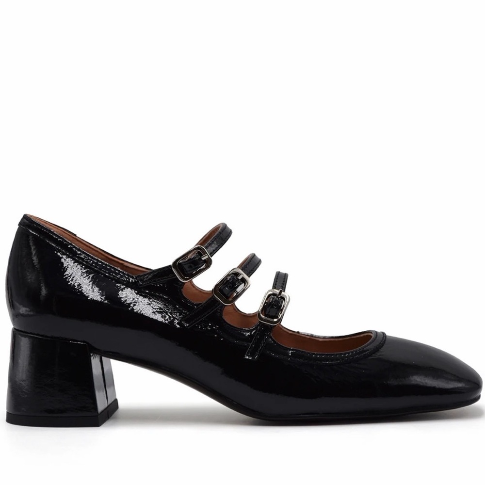 Bibilou Black Patent Leather Multi Strap Mary Jane Heels